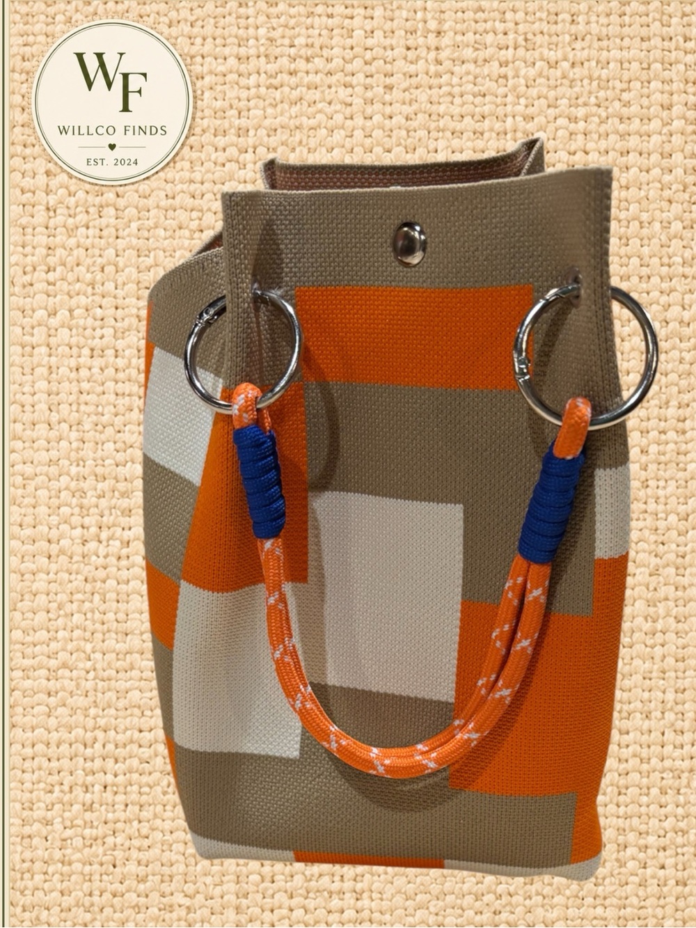 Orange Tan Geometric Knit Tote Bag Rope Handles Modern Statement Purse